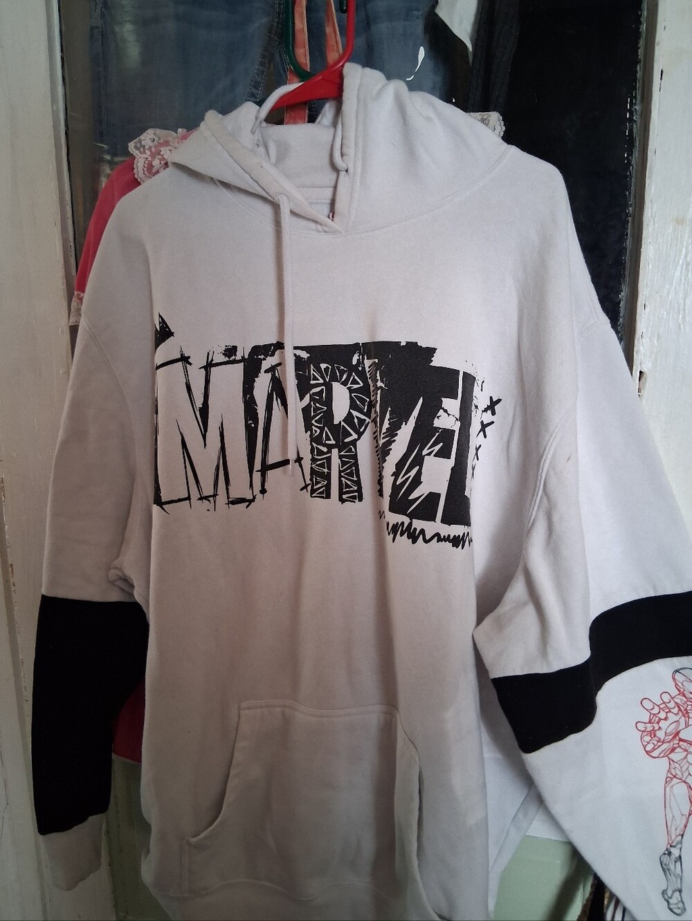Marvel White Pullover Hoodie with Black Graphic and Sleeve Panels